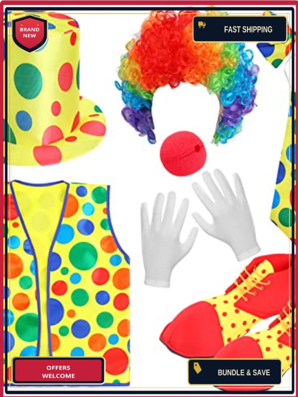 8 Pc Clown Costume Set Adult Men Women Wig Hat Vest Tie Shoes Nose Gloves